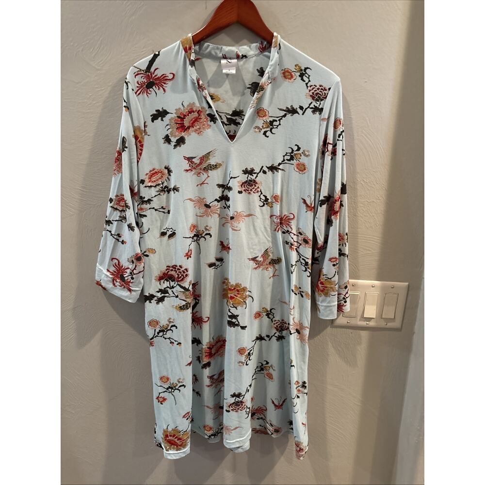 Women's Natori Mint‎ Green Floral LSleeve Sleep Shirt Nightgown Pockets Size S